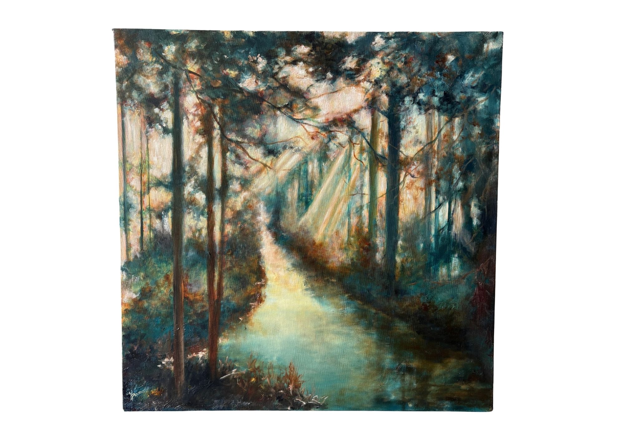 Perfect for a peaceful reading nook or office, this inviting forest scene evokes a quiet path bathed in warm morning light.