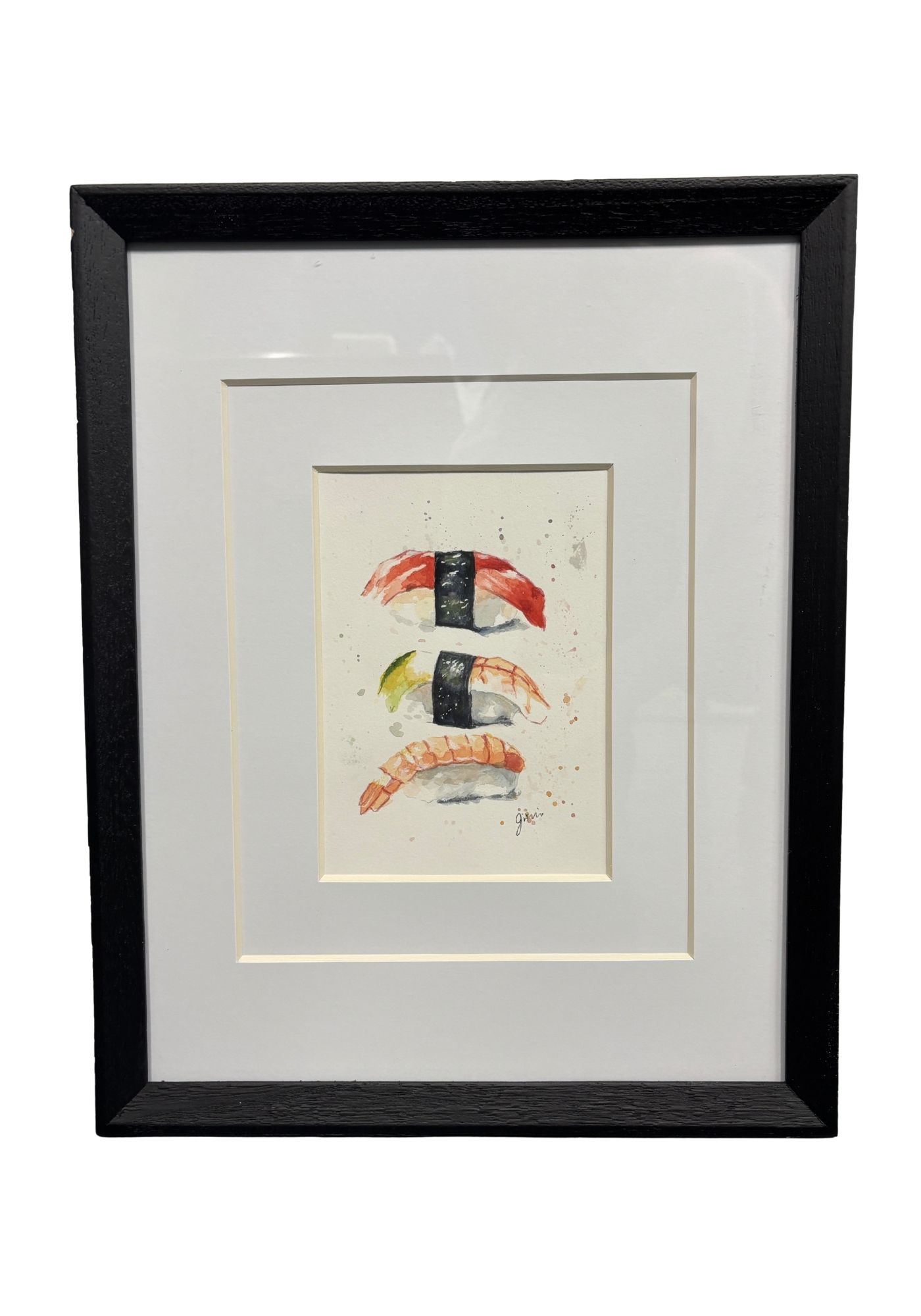 A watercolor painting of sushi rolls by June Ni