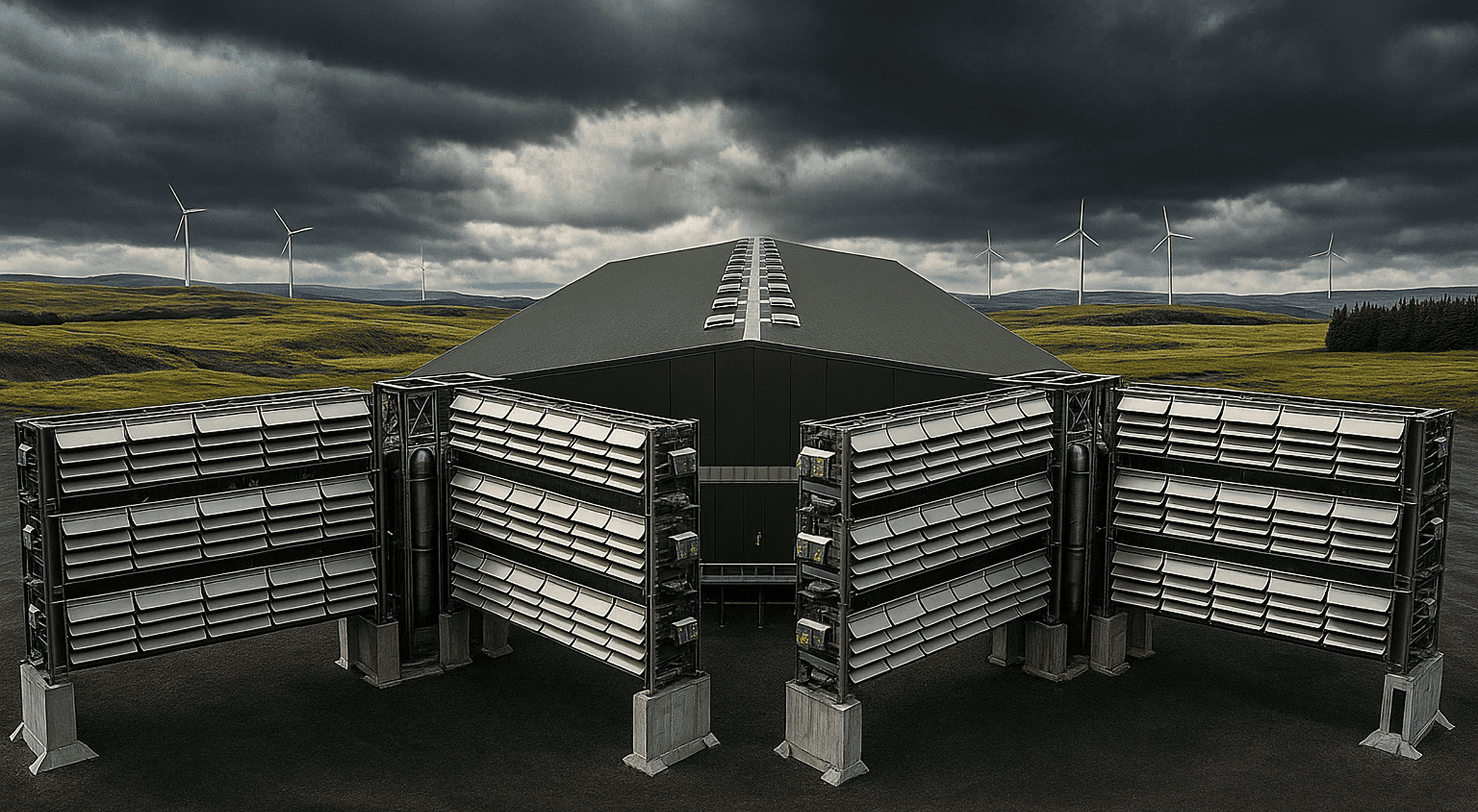 Large battery storage unit in front of wind turbines under a stormy sky