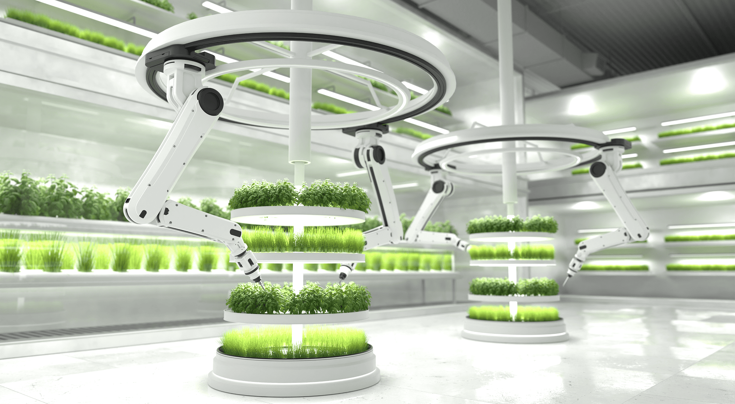 Automated robotic arms tending to plants in a high-tech greenhouse