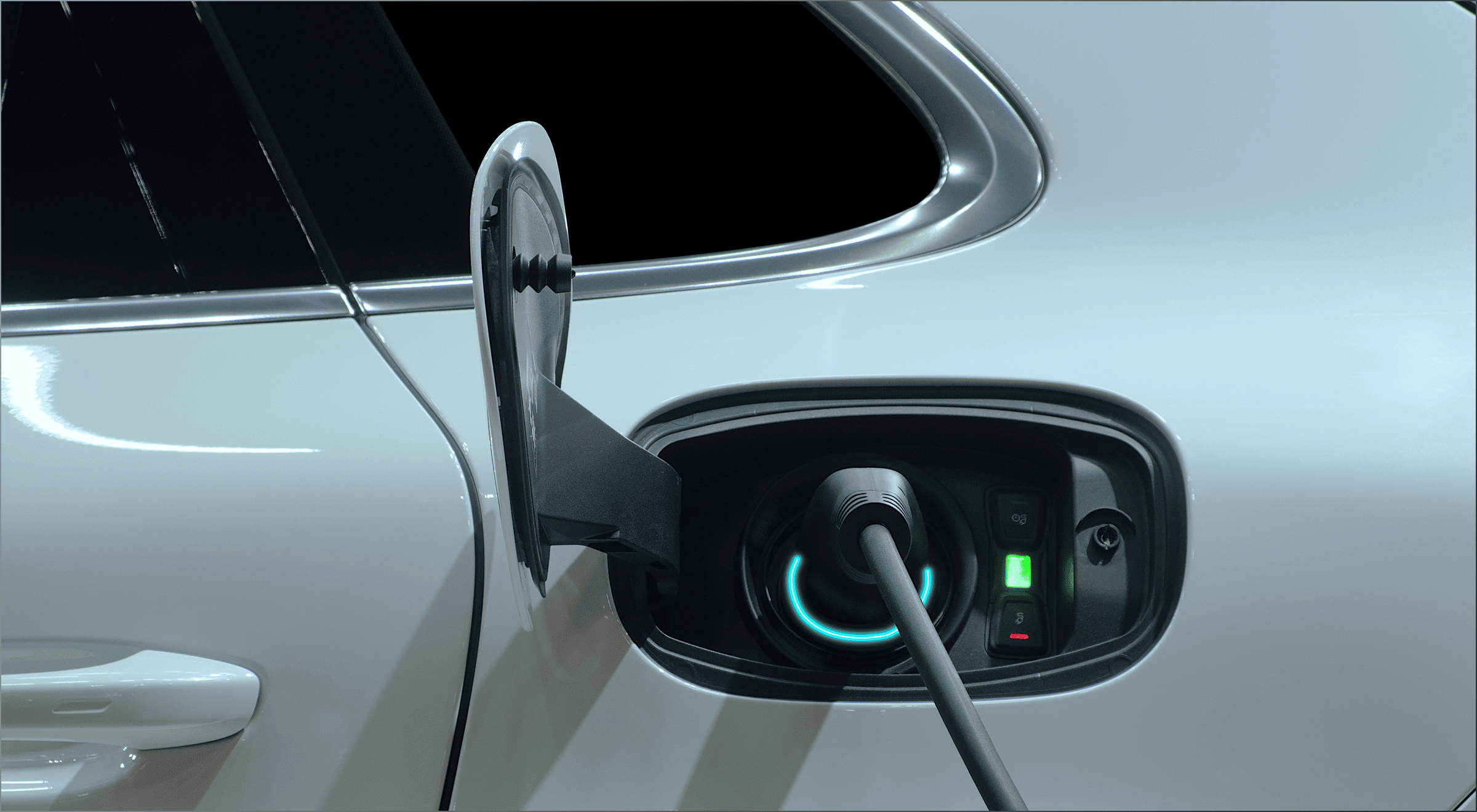 Electric vehicle charging port with connected charging cable
