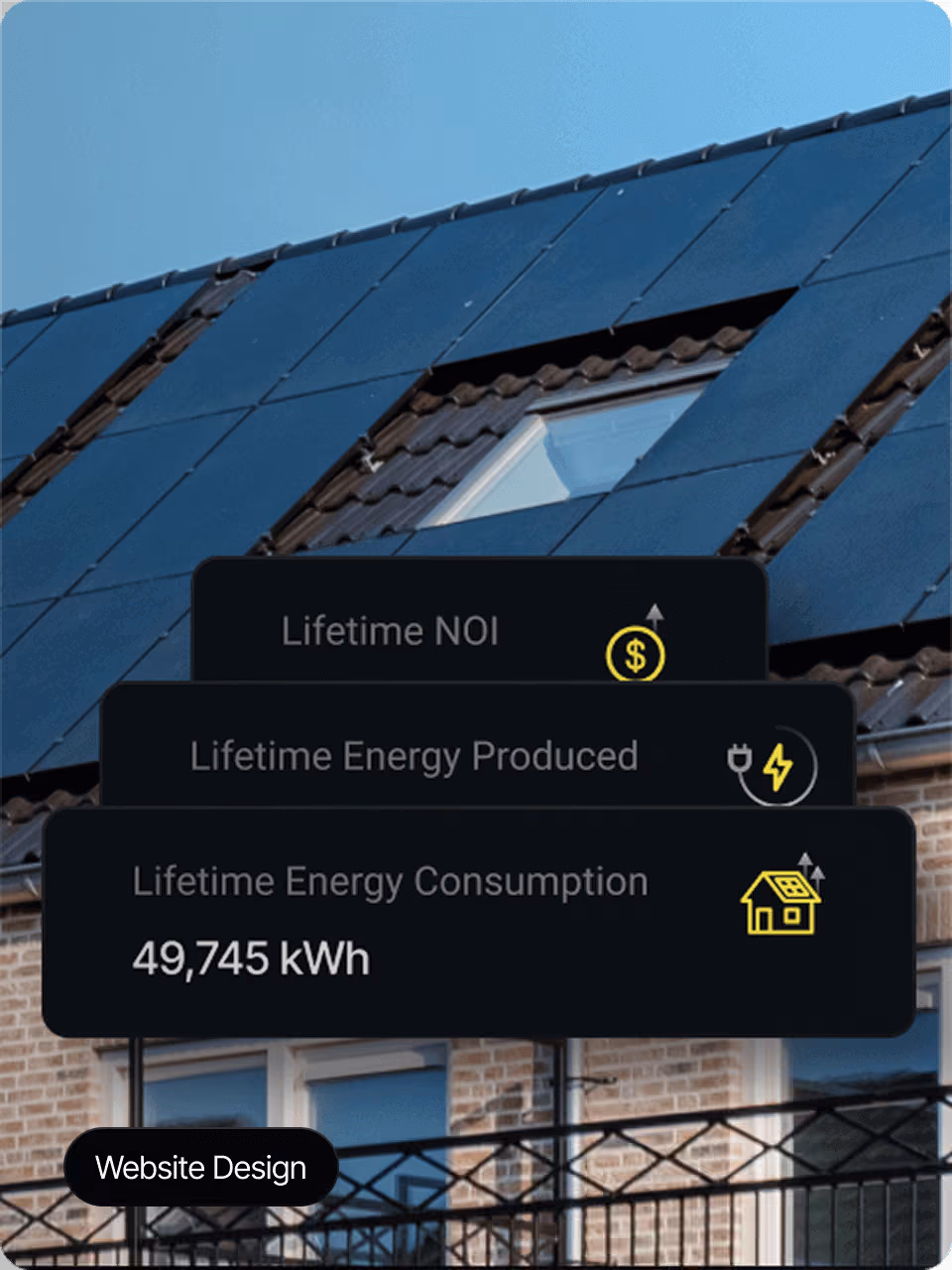 Solar panel data visualization UI displaying lifetime energy metrics.