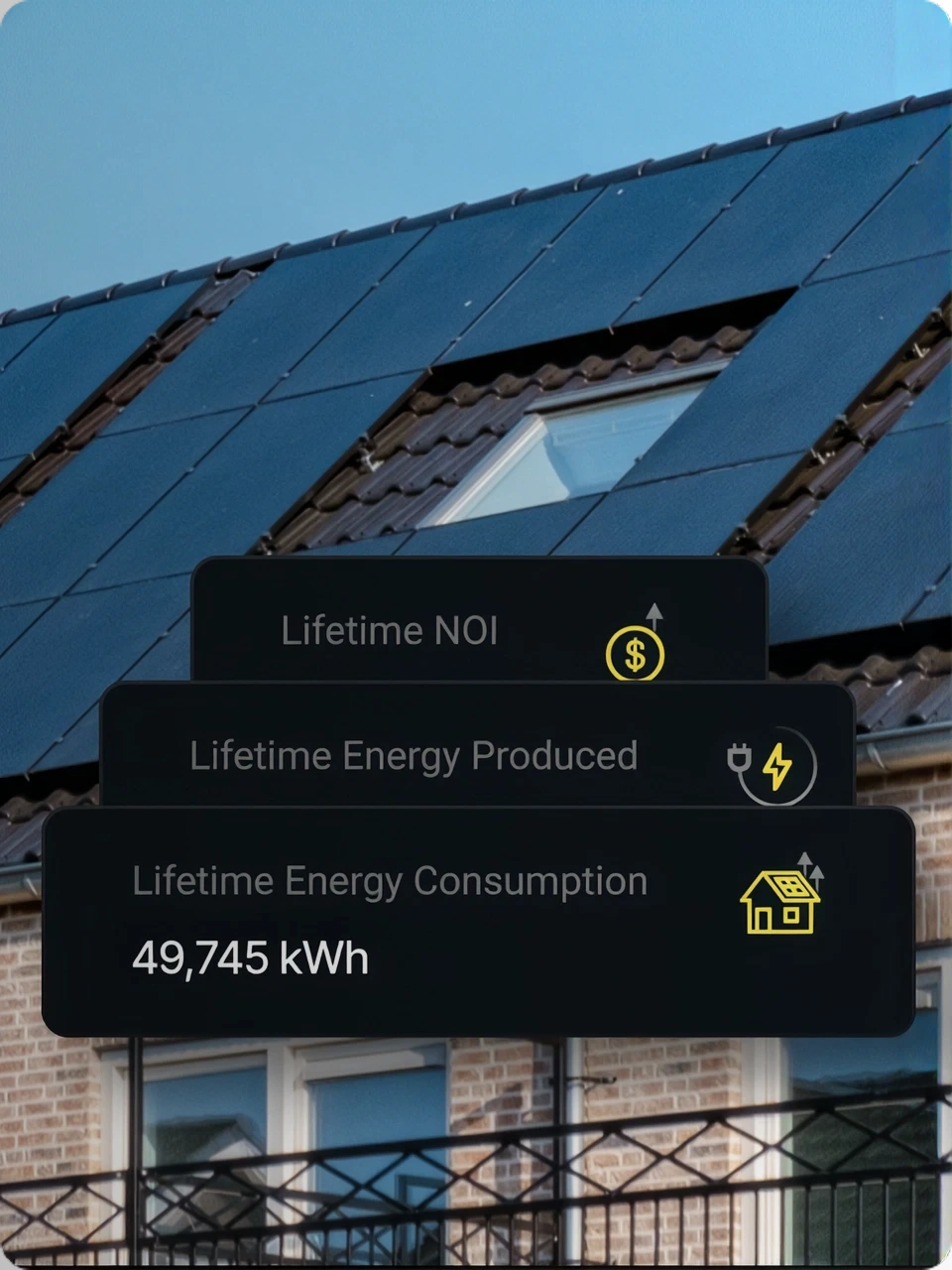 Solar panel data visualization UI displaying lifetime energy metrics.