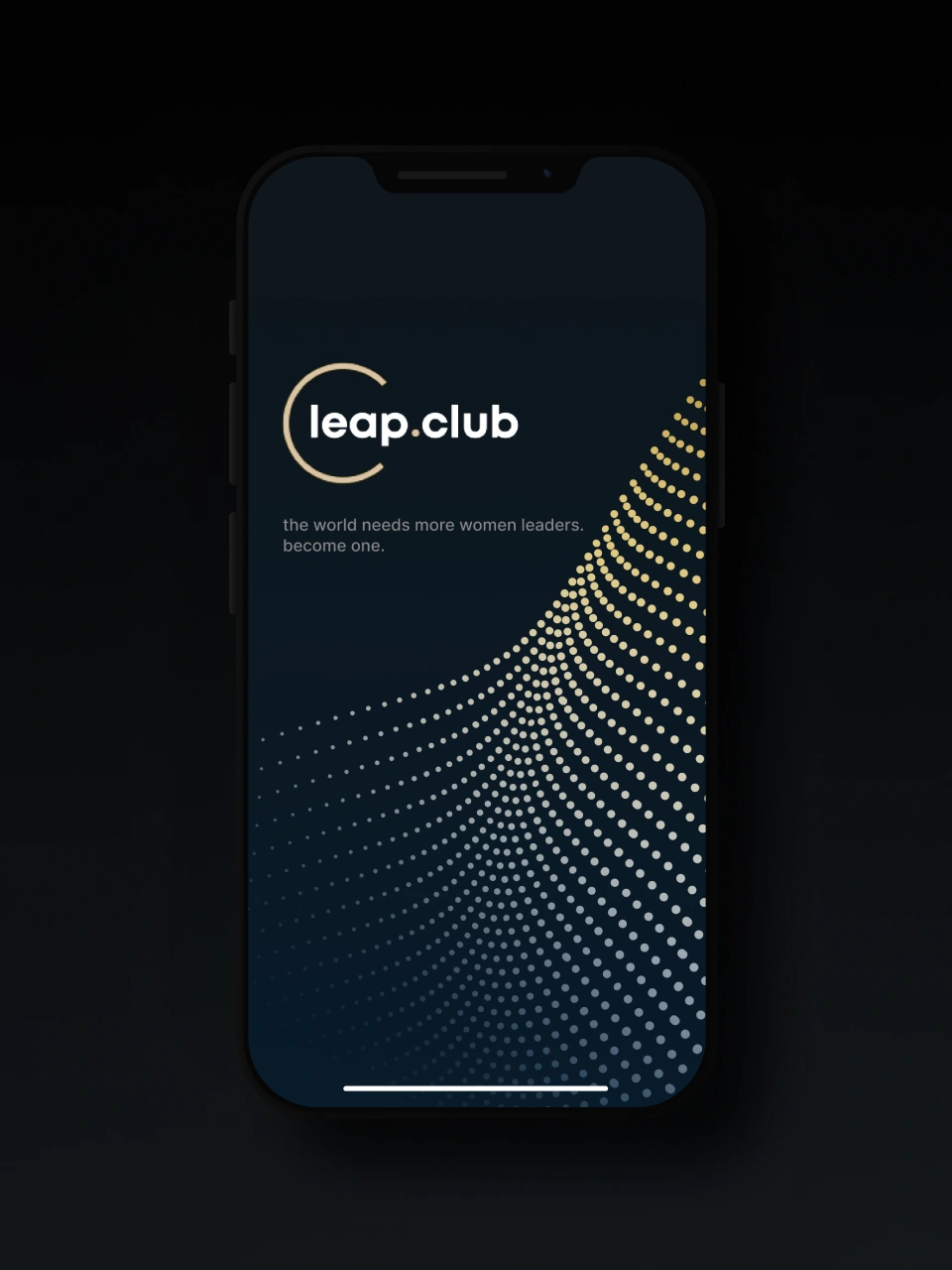 Leap Club app: women leadership, sleek dark mode, typography