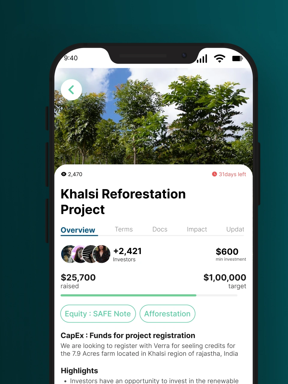 Khalsi Reforestation app UI: fundraising progress, investor engagement