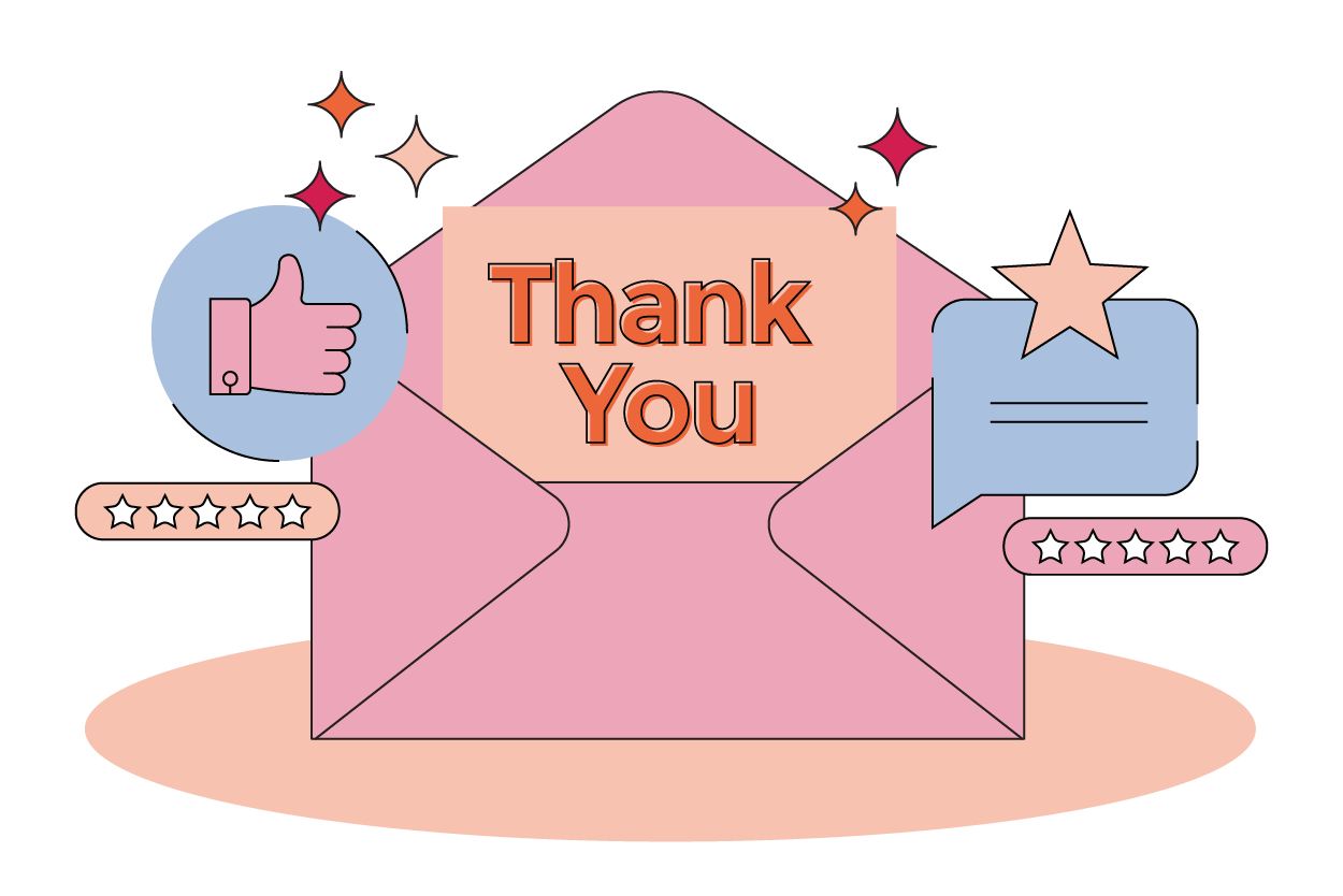 Illustration of an open pink envelope with a thank you note, surrounded by a thumbs-up icon, a speech bubble with a star, and two five-star rating bars.