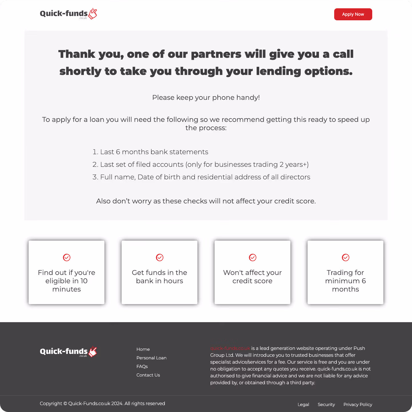Quick-funds website thank you page