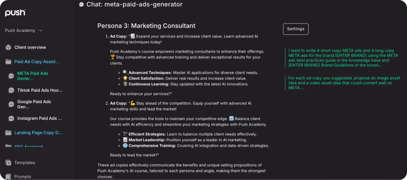 DIAL Agent being used to create Meta Ad Copy