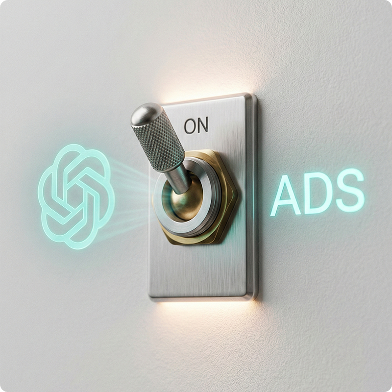 Toggle switch turning on ChatGPT ads with Push branding - adapt fast or get left behind