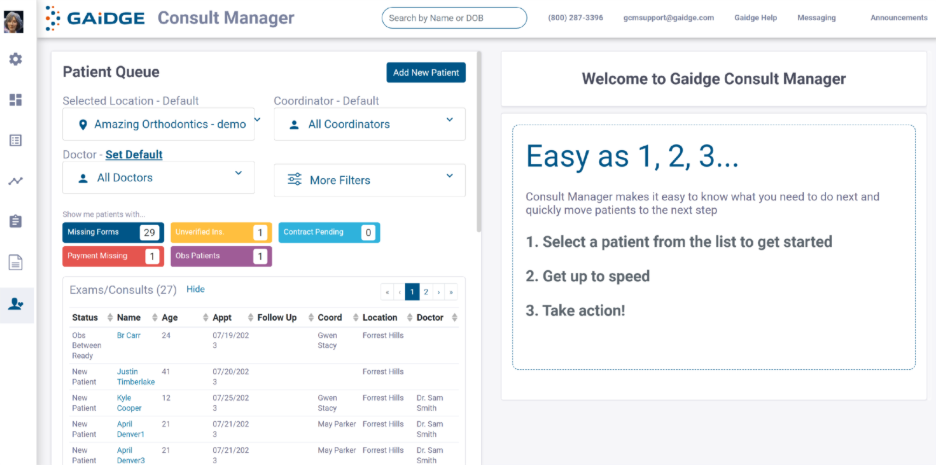 Gaidge Consult Manager dashboard showing patient queue, consult status, and follow-up tasks.