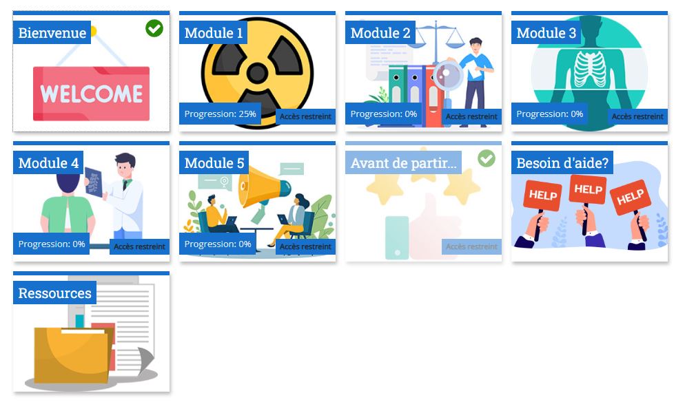 5 modules sous format tuiles sur Moodle