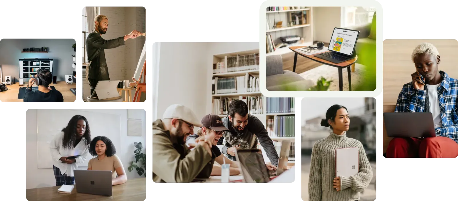Collage of diverse people engaged in work and study: man at computer desk, artist painting on canvas, two women collaborating on laptop, group of men smiling over laptops, tablet on small table in living room, woman in sweater holding laptop outside, and woman on phone using laptop.
