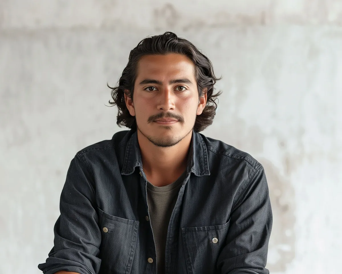 Portrait of a young man with medium-length dark hair and a mustache, wearing a dark shirt over a gray t-shirt, against a plain light background.
