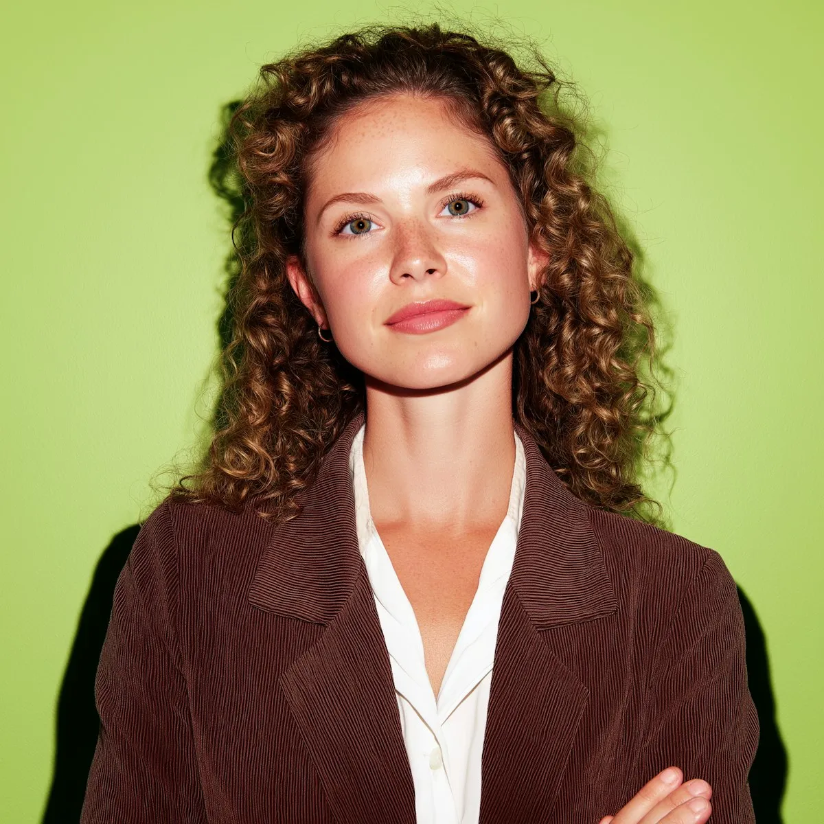 Confident woman with curly hair wearing a brown blazer and white shirt against a green background.