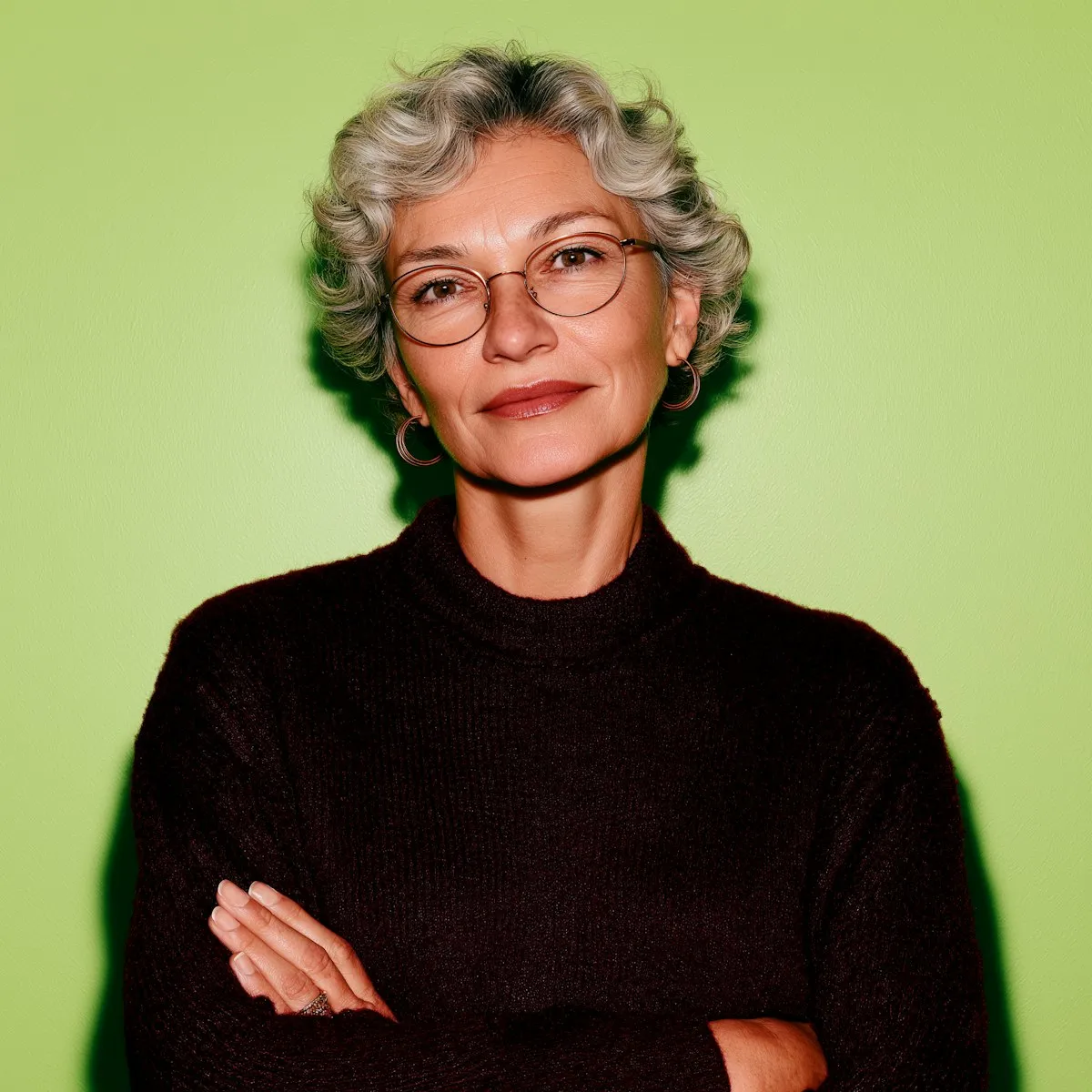 Confident mature woman with short curly gray hair, wearing round glasses and a dark sweater, standing with arms crossed against a green background.