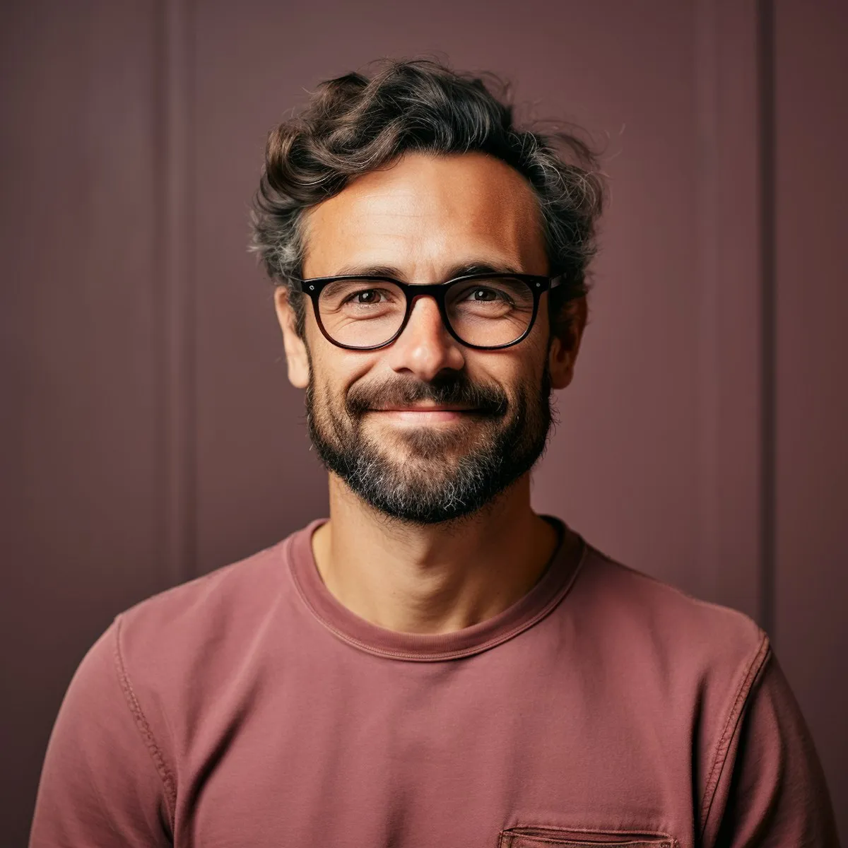 headshot of a man wearing glasses and a red shirt with a similar color background