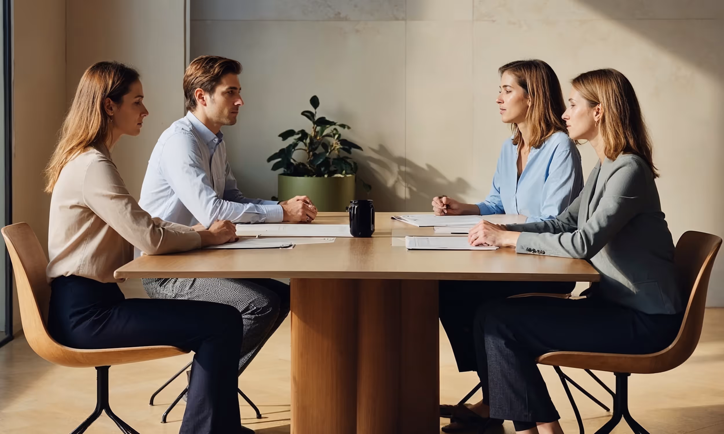 Two men and two women sitting across from each other at a wooden table in a modern office during a meeting.