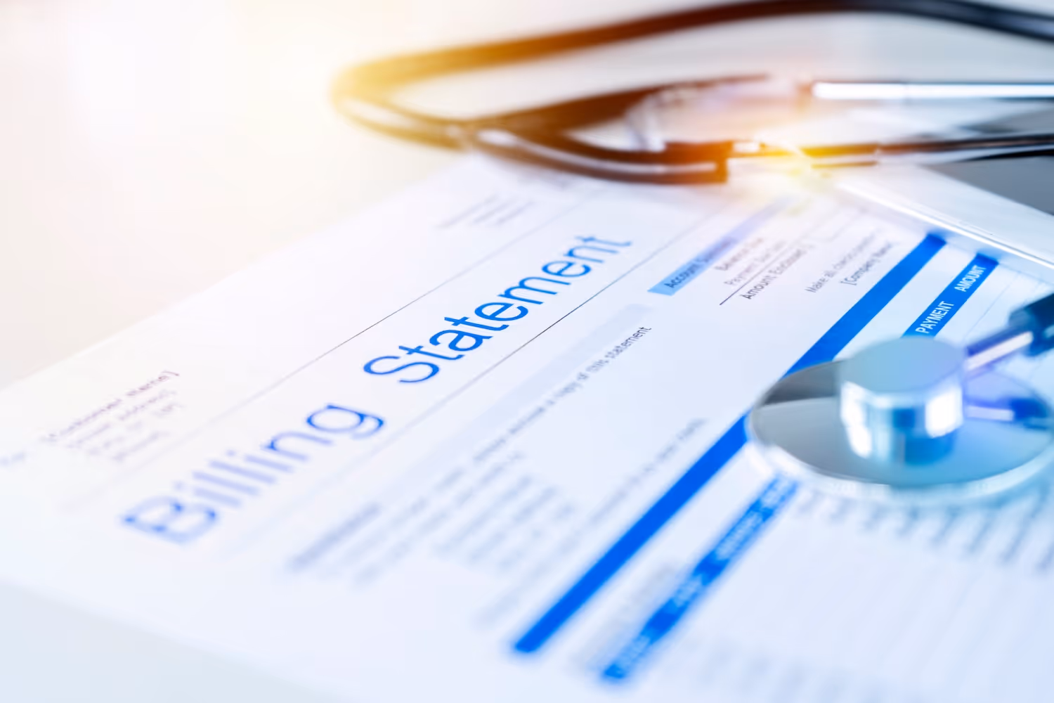 Close-up of a medical billing statement with a stethoscope placed on top under warm lighting.