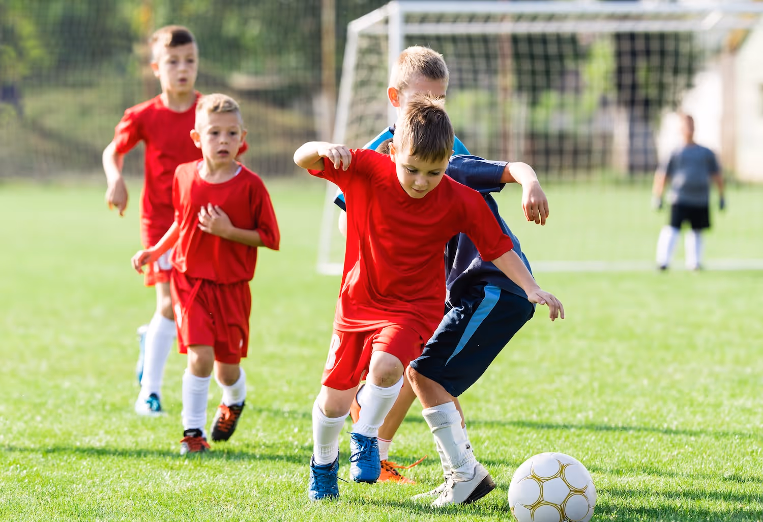 Young boys playing soccer on a grass field with a goal in the background.