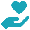 Blue hand holding a heart symbol representing care or support.
