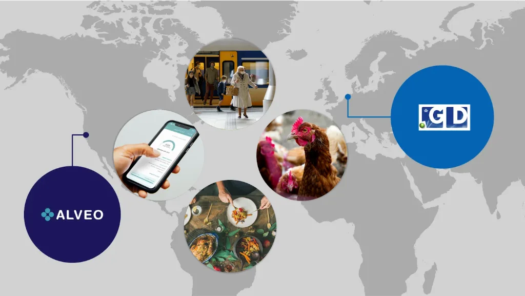 World map linking Alveo and GD Animal Health, with photos of lab work, the Alveo app, poultry and food