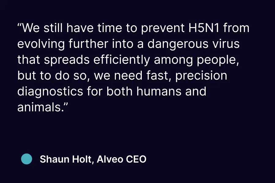 Quote from Shaun Holt, Alveo CEO, on preventing H5N1 with fast, precise diagnostics for humans and animals