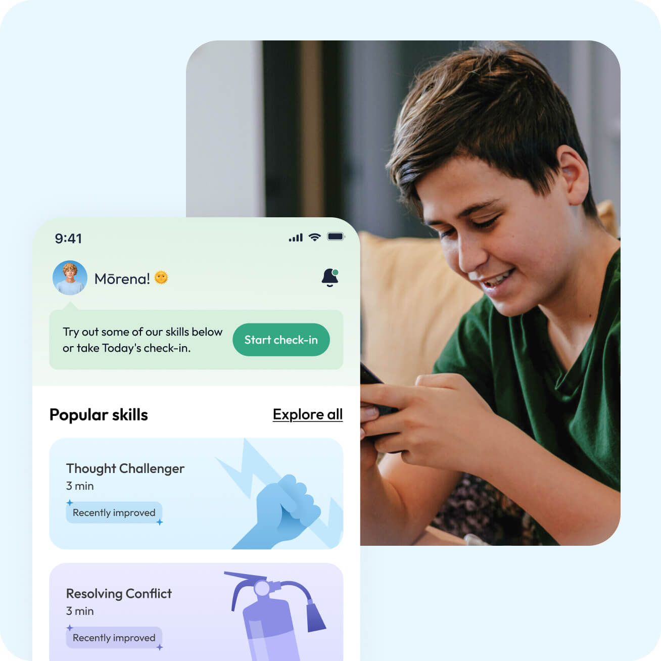 Boy using his phone, with a image of the headstrong app Skills