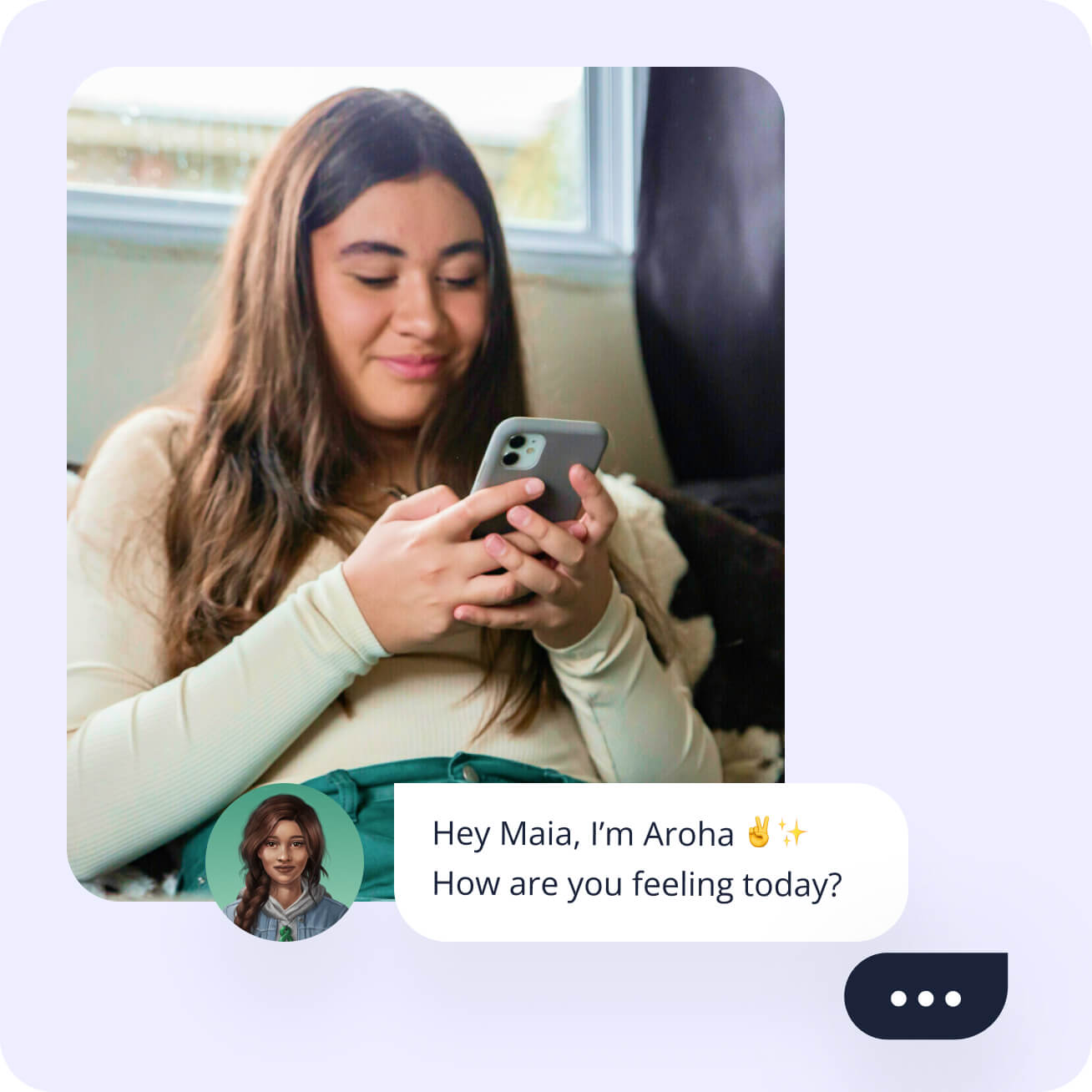 Girl on phone using the chat bot guide, having a conversation with text.