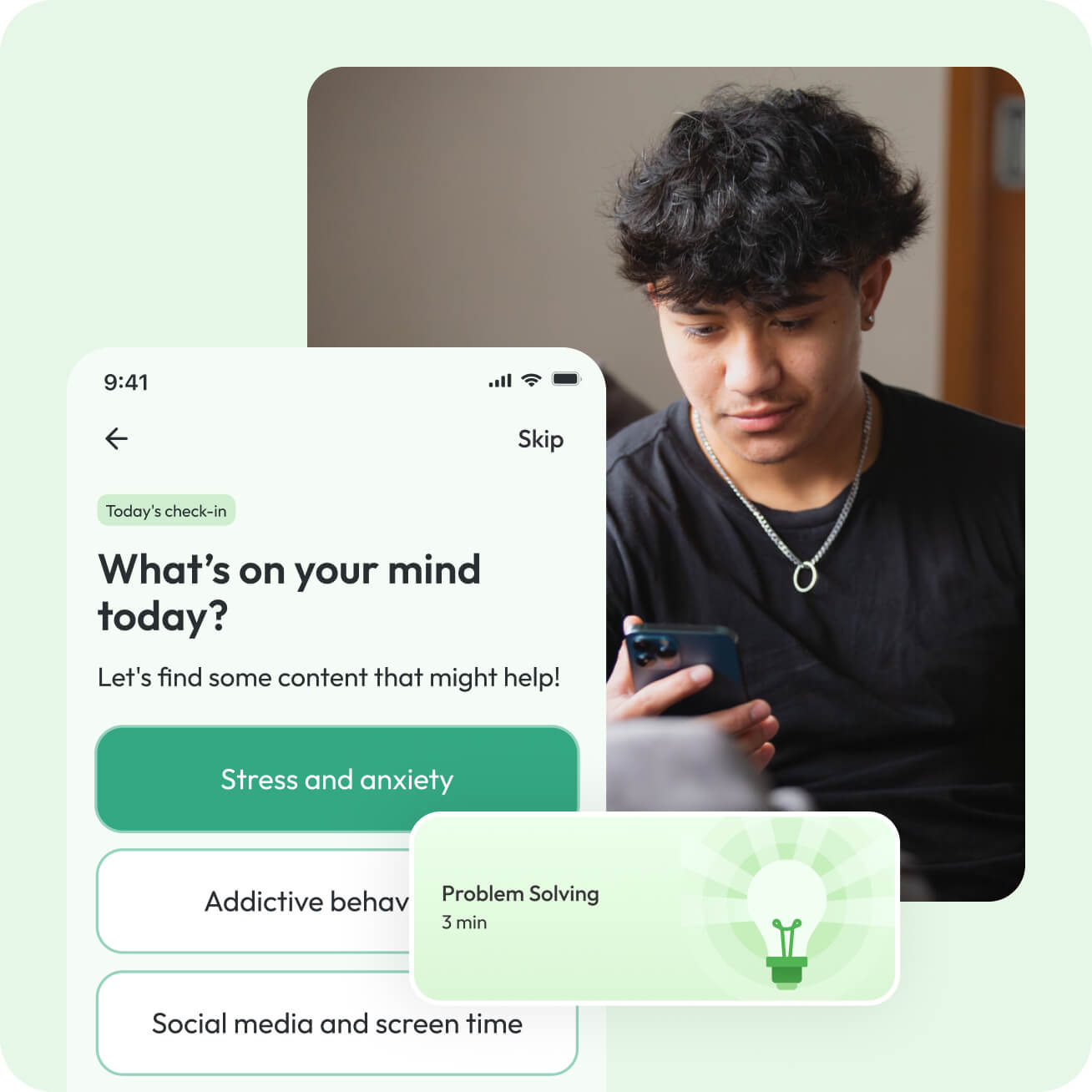 Boy on phone using the daily check in on Headstrong app.