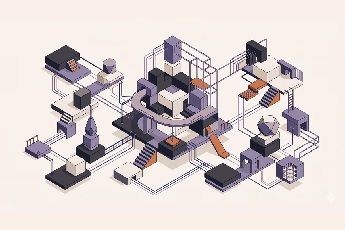 Isometric abstract digital illustration of interconnected geometric blocks, ramps, stairs, and pipes in purple, black, and beige tones.