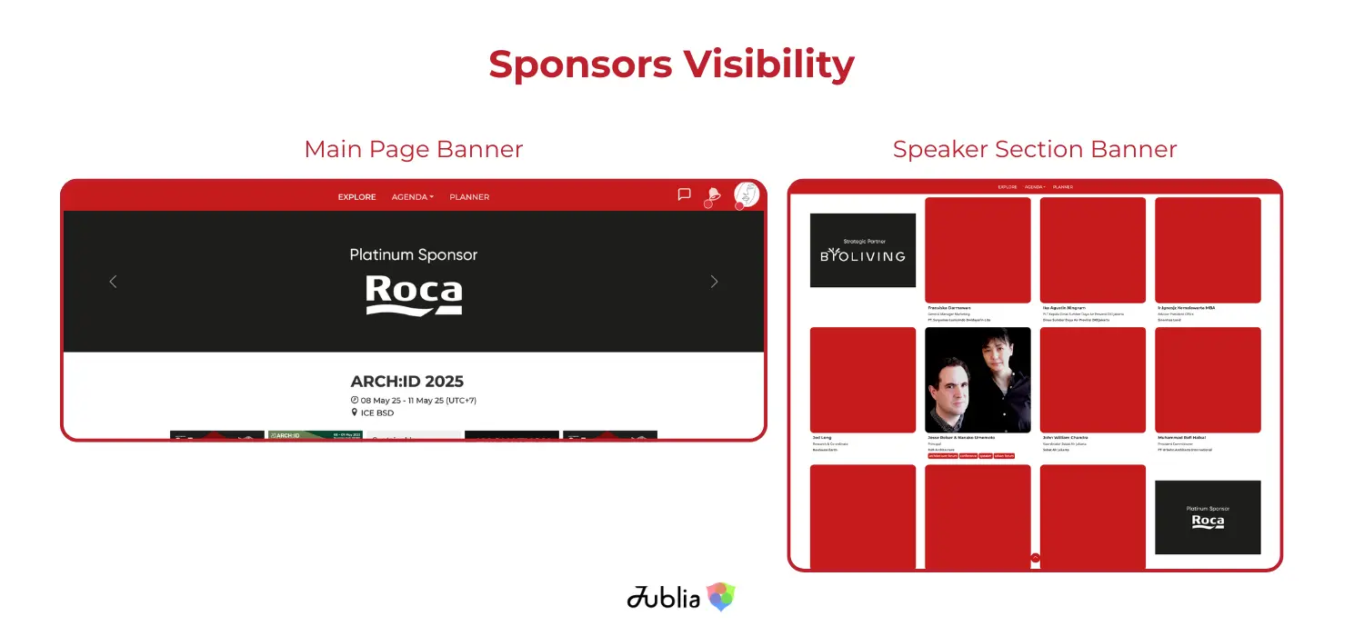 ARCH:ID 2025 sponsor visibility on Jublia platform with main page banner and speaker section banner for brand exposure.