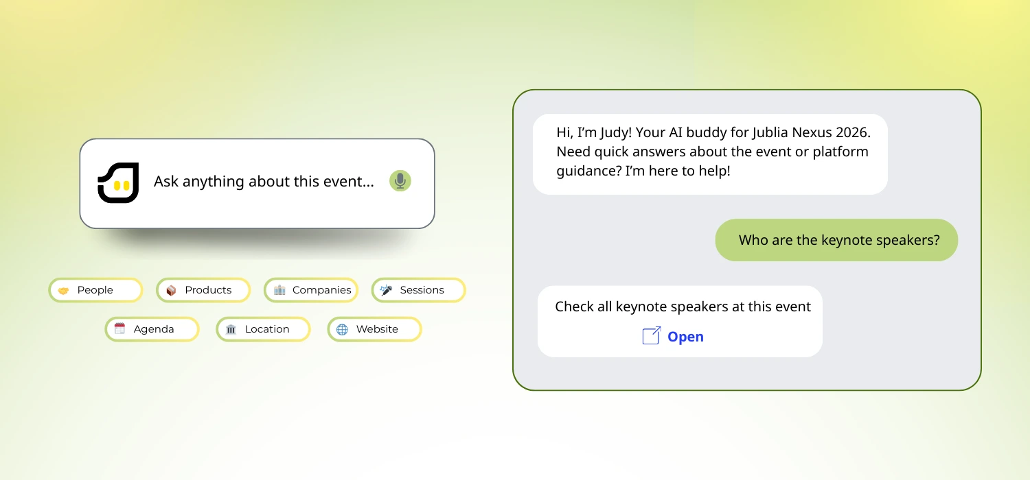Jublia AI natural language search interface with AI assistant answering event questions about speakers, agenda, people, and companies.