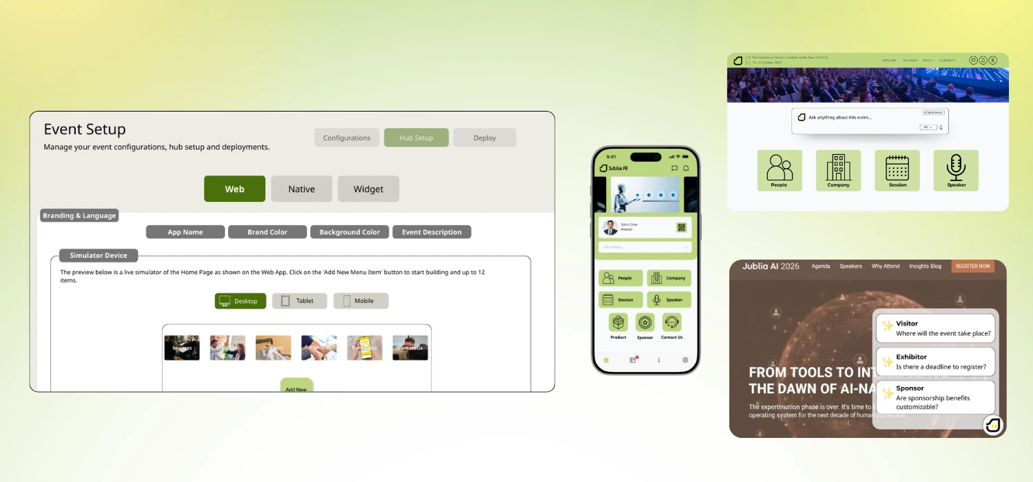 Jublia AI event setup dashboard for managing branding, language, and deployment across web app, native app, and AI widget.