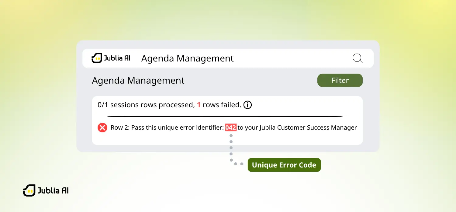 Event agenda management interface displaying upload errors with unique error code for troubleshooting.