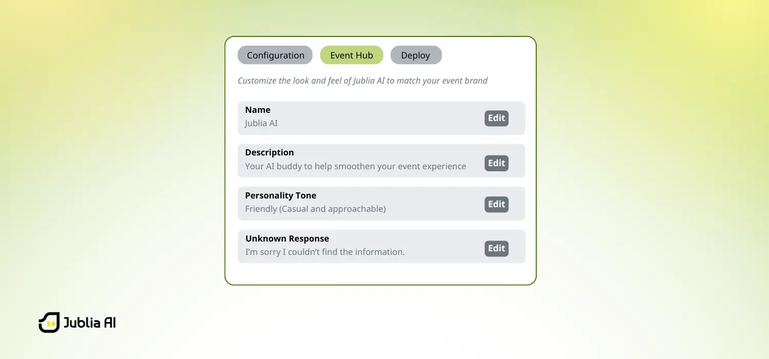 AI event assistant configuration panel for customizing personality tone, responses, and attendee Q&A handling.