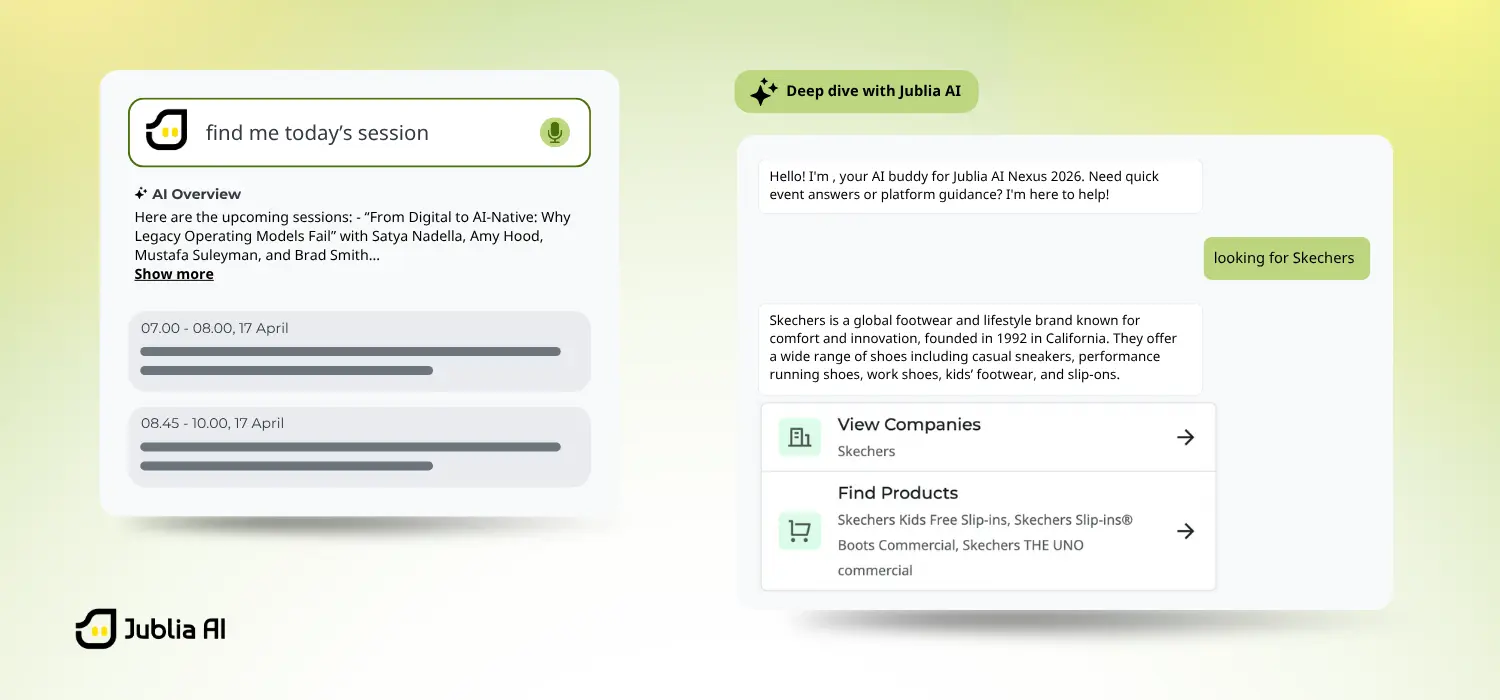 AI event assistant providing session recommendations and detailed search results for attendees and exhibitors.