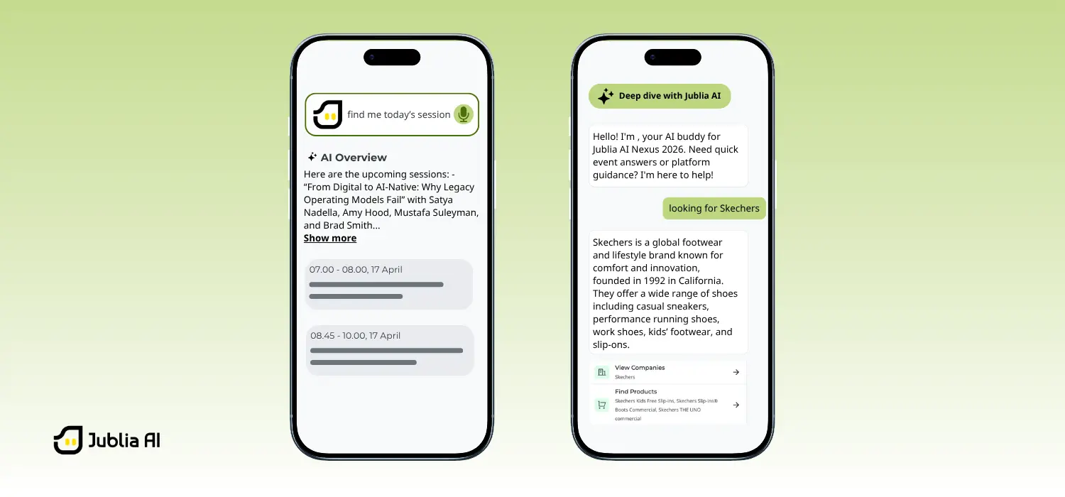    Event app AI search and chat interface providing session discovery and exhibitor information