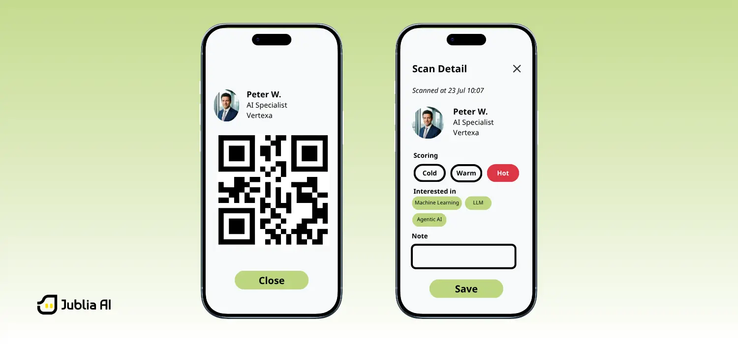 Event app QR scan interface for lead retrieval, contact scoring, and attendee data capturee