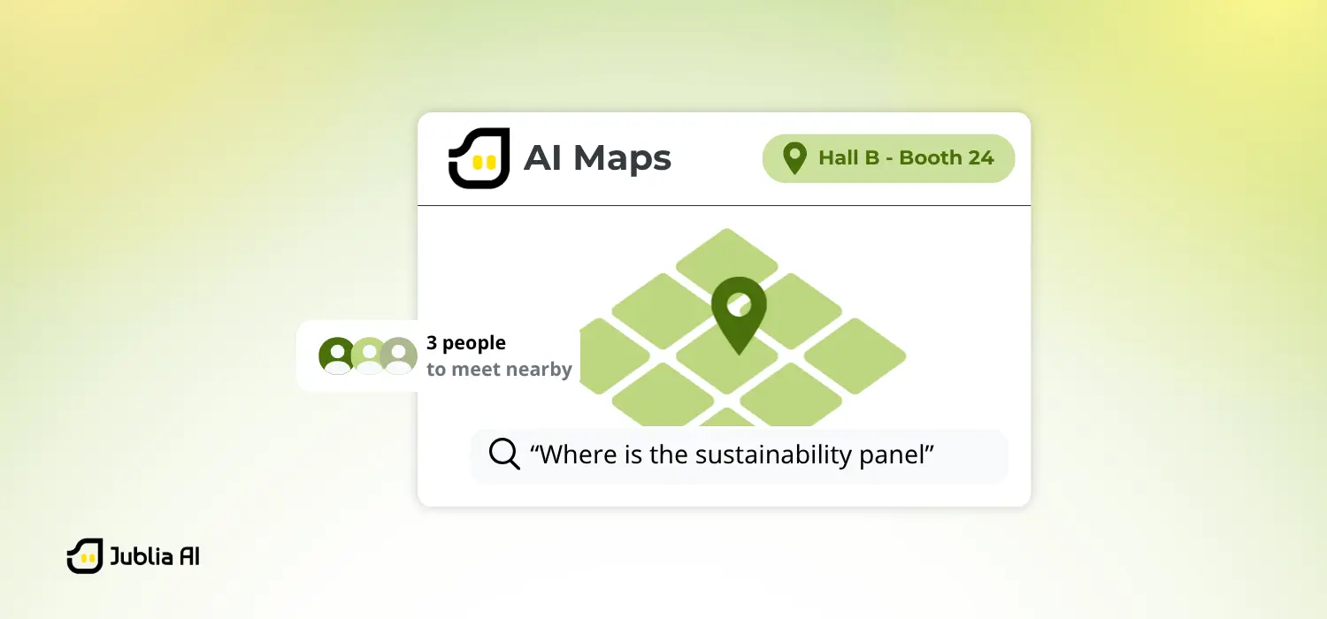 Interactive event map showing venue directions, nearby attendees, and personalized event discovery features