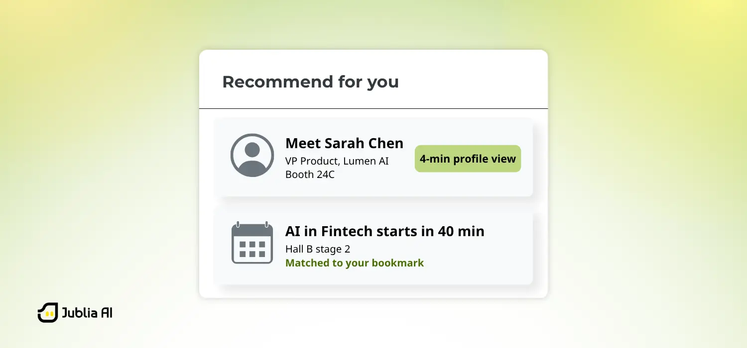 Illustration of AI-curated event recommendations matching attendees with relevant people and conference sessions.