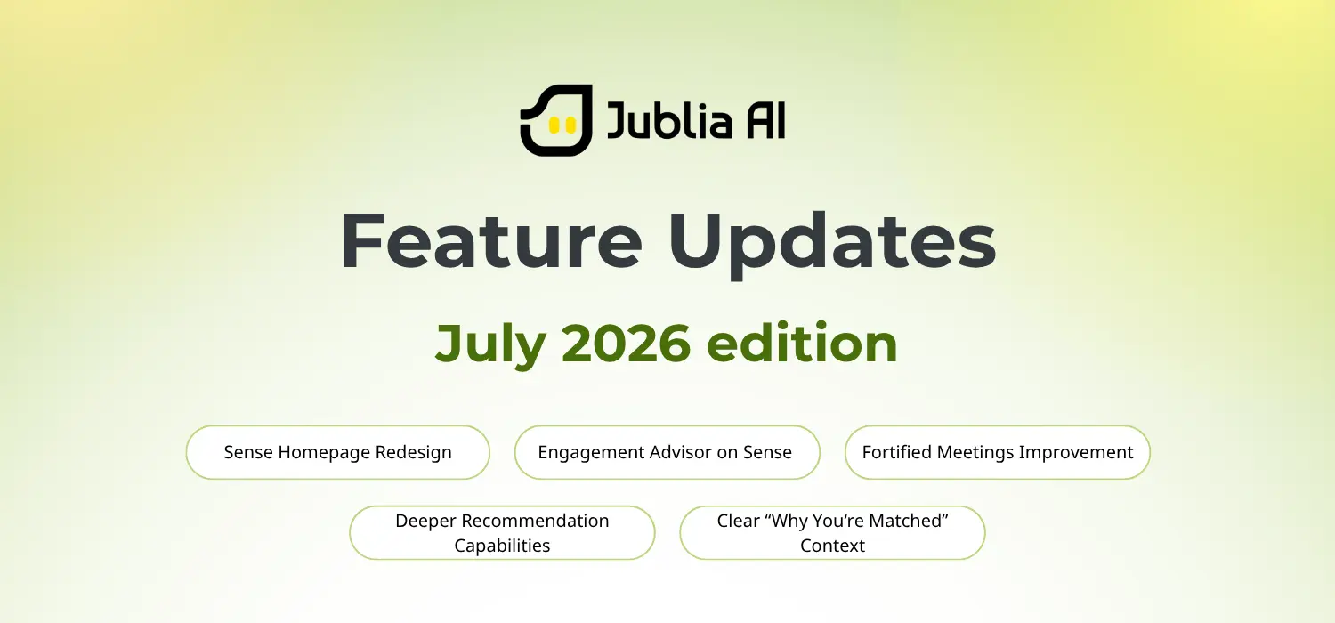 Banner listing what's new in Jublia AI's Feature Updates July 2026 Edition