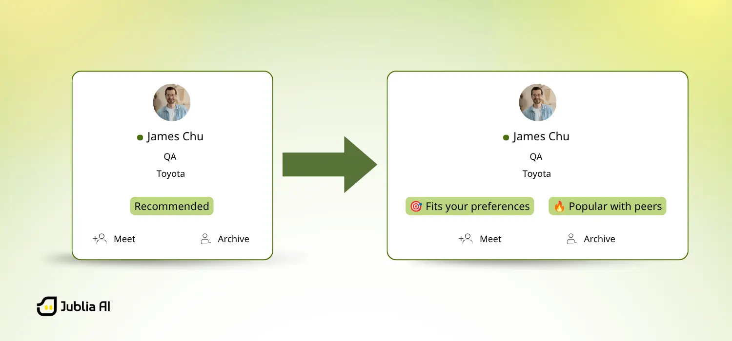 An illustration of the clearer "Why you're matched" context from the pervious iteration