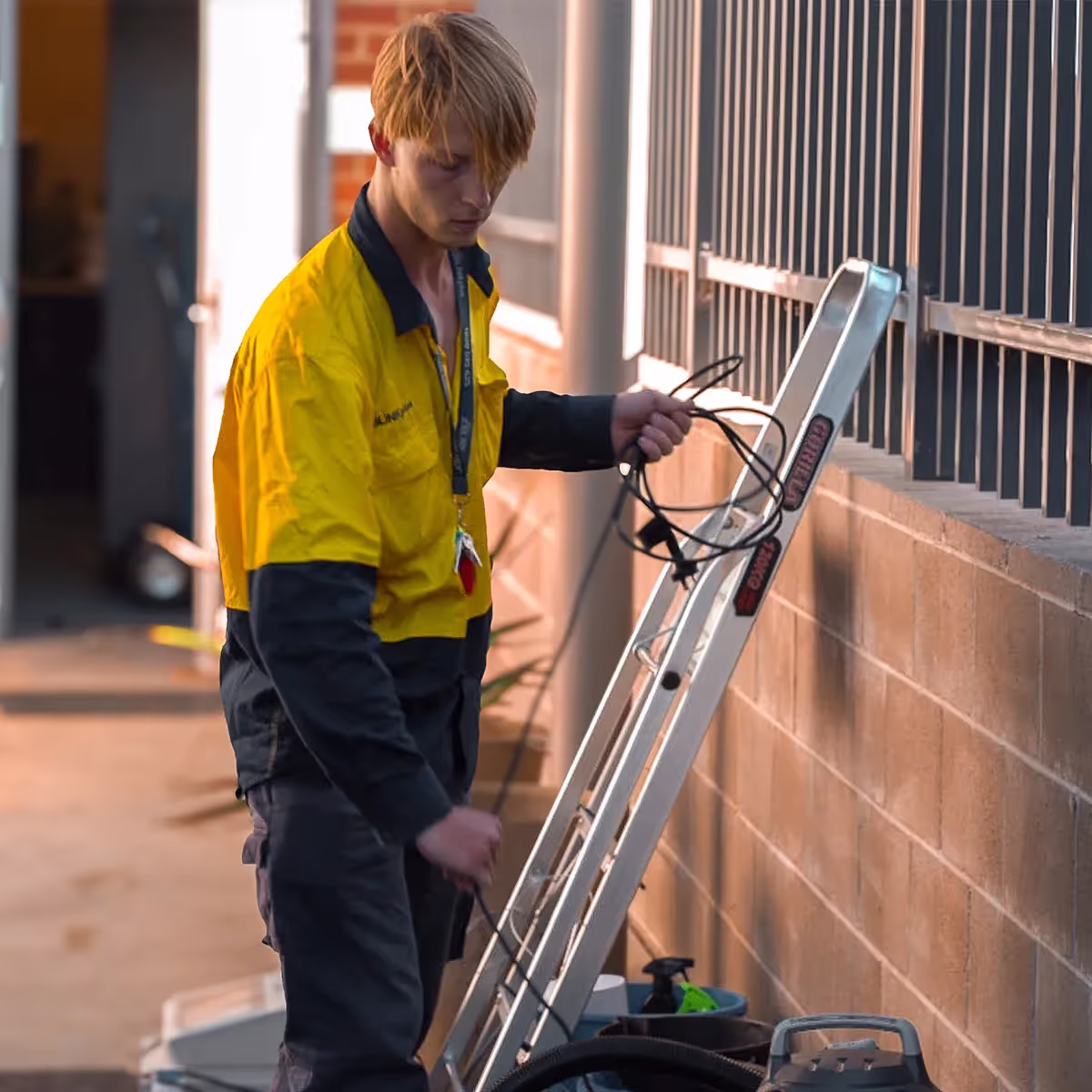 Young man in high vis workwear folding a cord