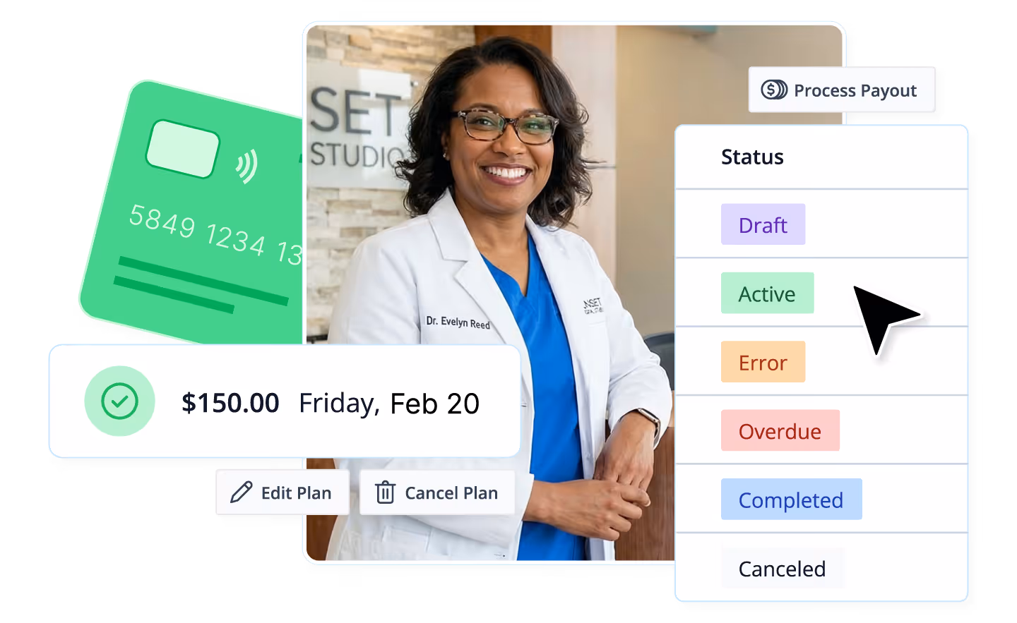 Smiling female doctor Dr. Evelyn Reed wearing glasses and a white coat, with a digital interface showing payment plan status options and a $150 payment due on Friday, Feb 20.