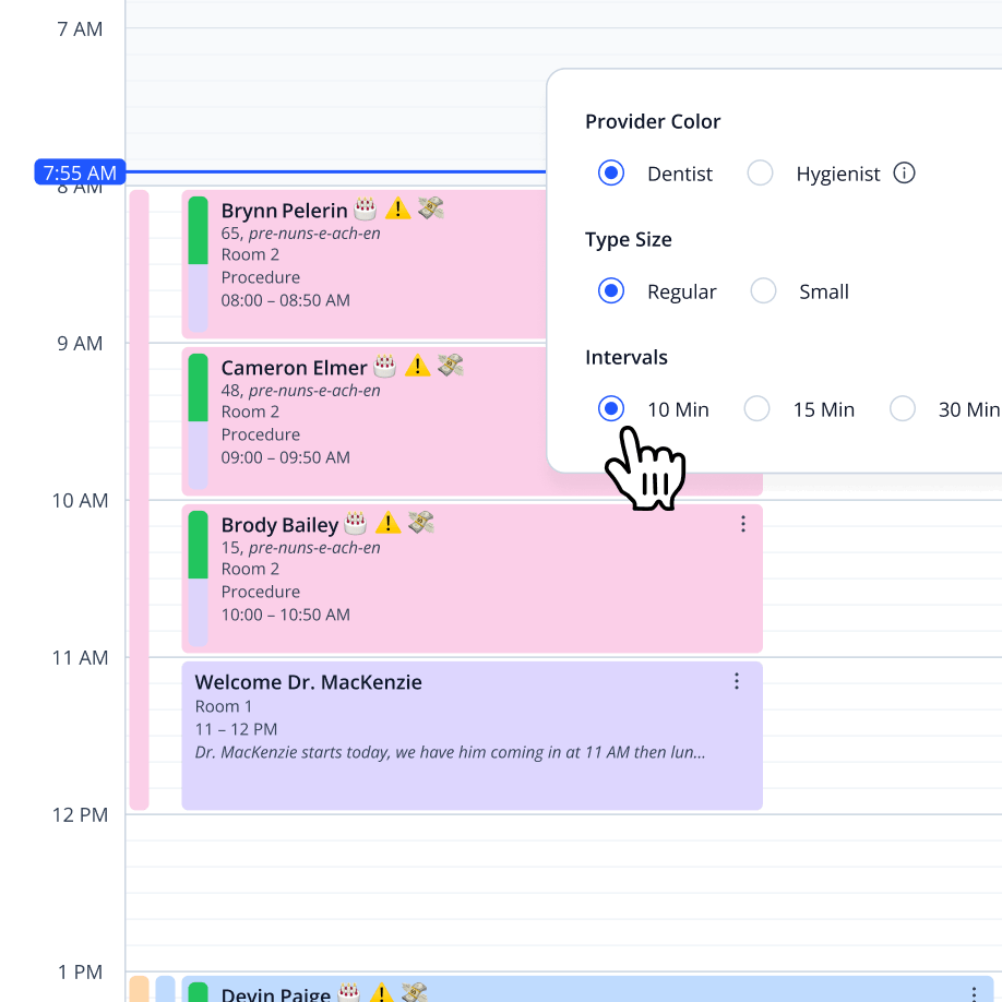 Interface view of Archy dental schedule showing an overlay of custom booking rules to select time intervals between appointments.