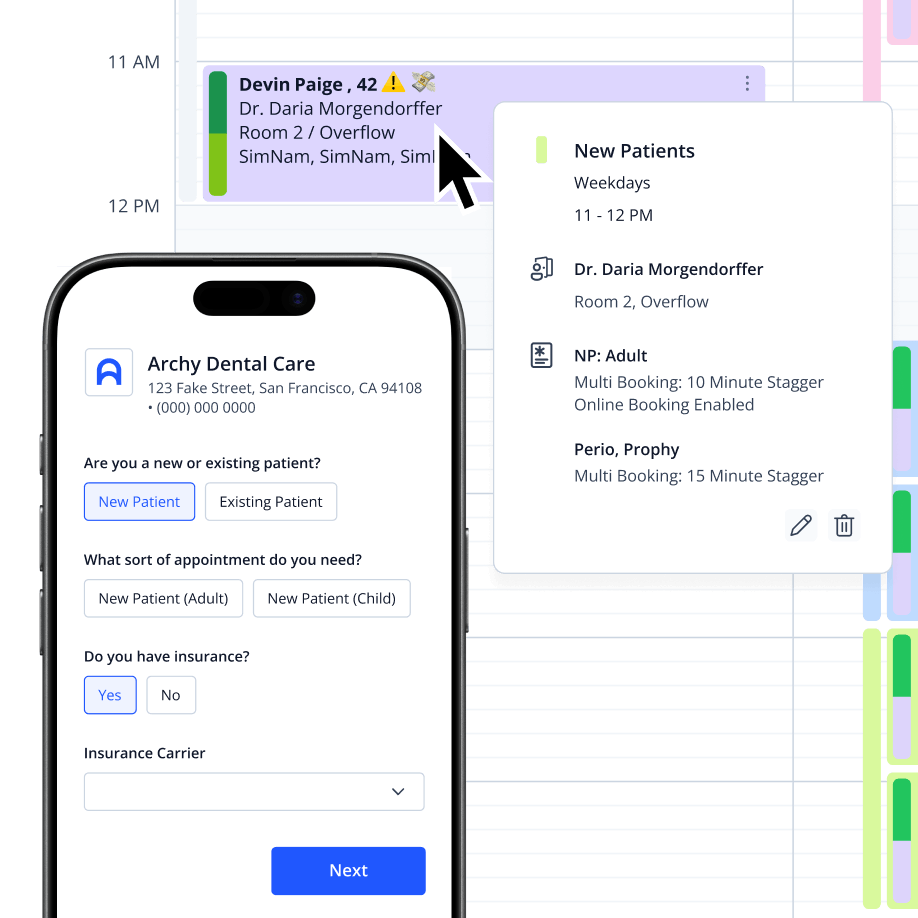 Mobile phone displaying an online booking form positioned over the Archy schedule, showing a newly generated new patient appointment block.