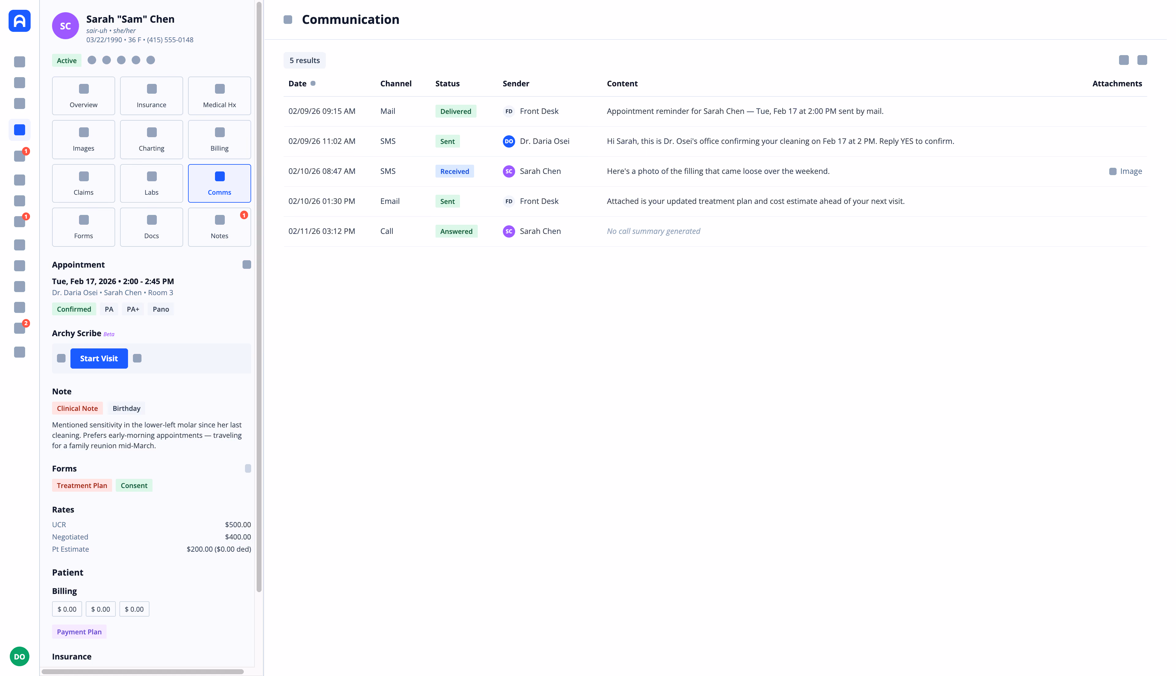 View of a patient communication log in Archy showing integrated call, text, and email history directly inside the patient record.