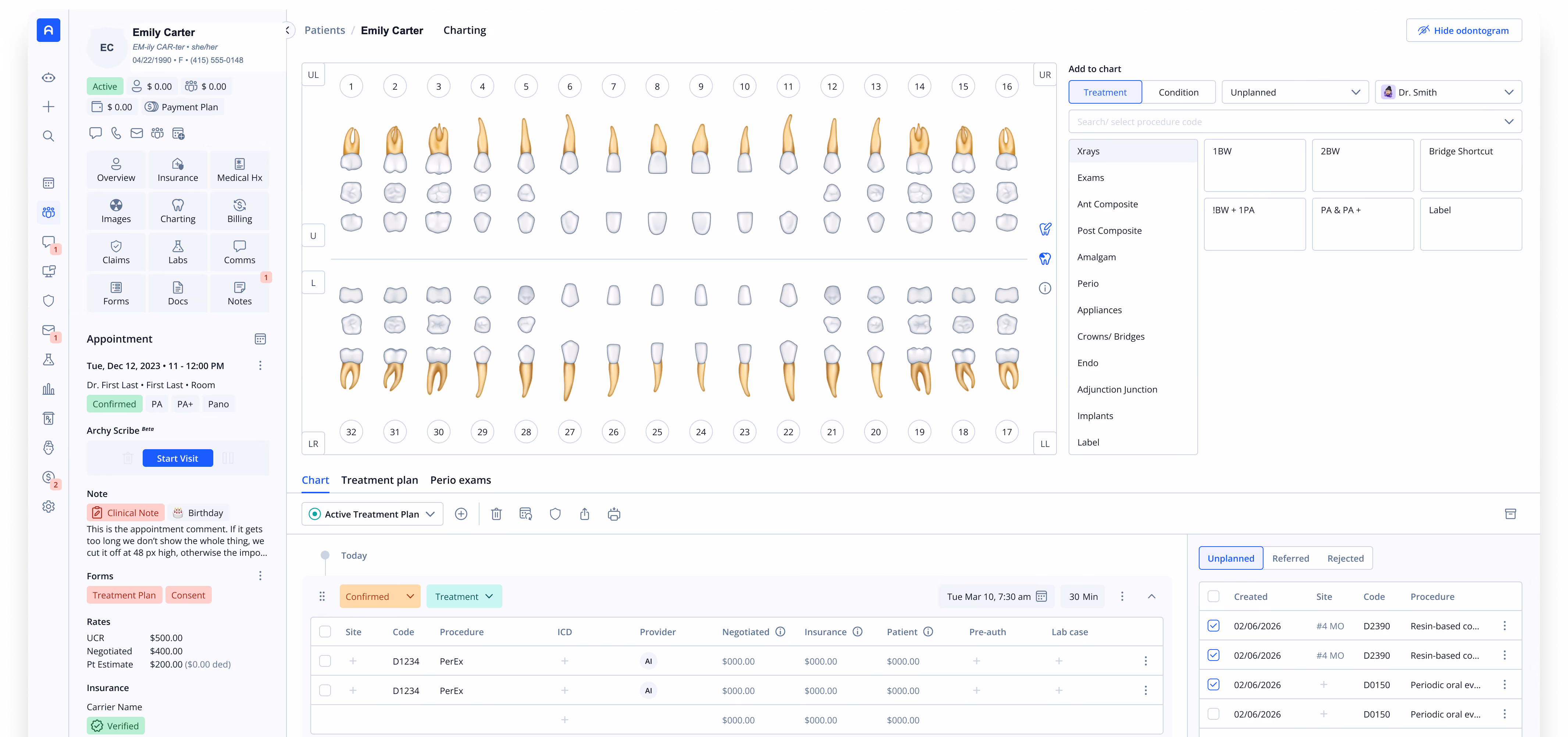 Interface snippet of Archy dental charting software, displaying an interactive odontogram view for recording conditions and clinical care.