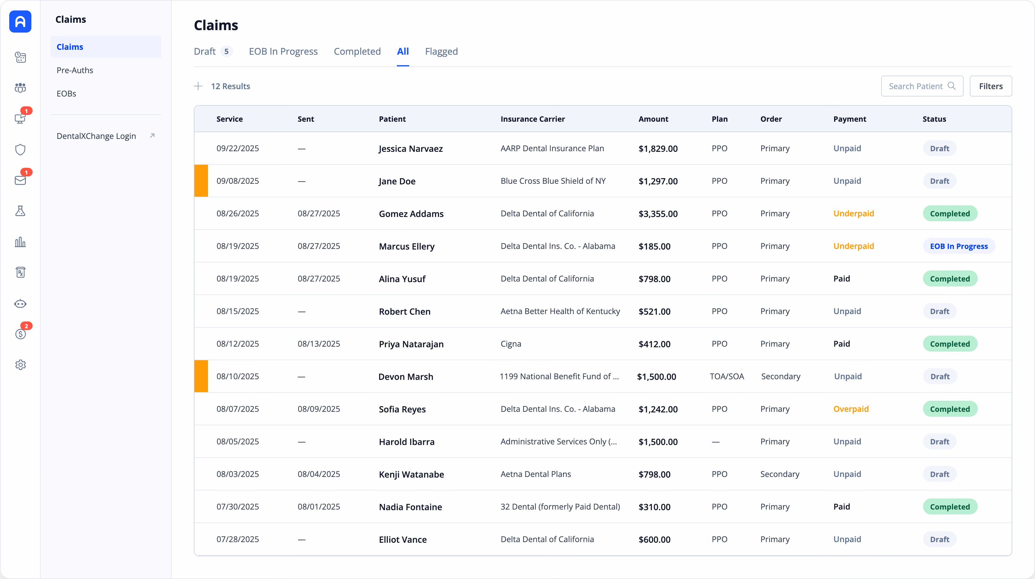 Interface snippet of Archy dental claims management, displaying a full list of dental insurance claims with live status and paid or unpaid balances.