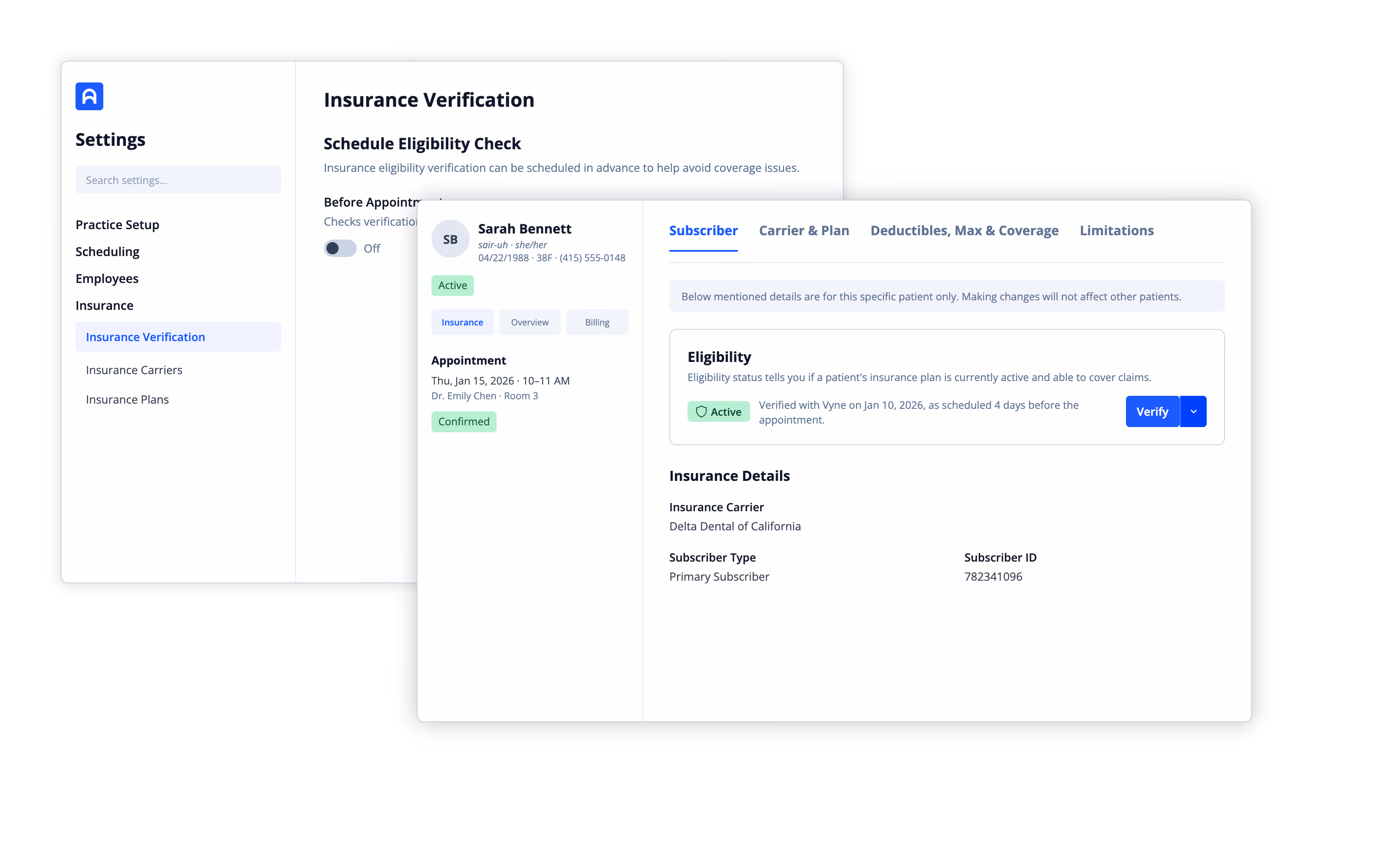 Interface snippet of Archy insurance verification, displaying bulk eligibility scheduling tools alongside individual patient status updates.